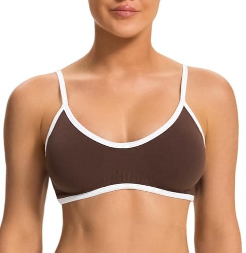 Image of JOYSPELS Womens Seamless Sports Bra Adjustable Slim Straps Wirefree Yoga Top with Removable Pads for Gym, Workouts, Running, Pilates Brown M
