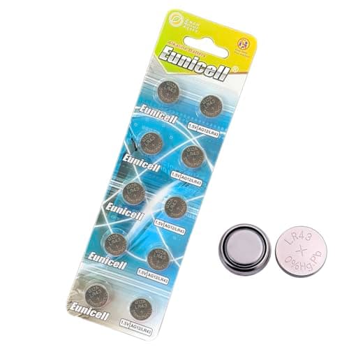 Image of Pack of 10 - LR43/AG12 Eunicell 1.5V Button Coin Cell Alkaline Batteries - Suitable for use in LED lights, Digital Voice Recorders, Toys, Blood Glucose, Cholesterol Testing, Meters, Toys