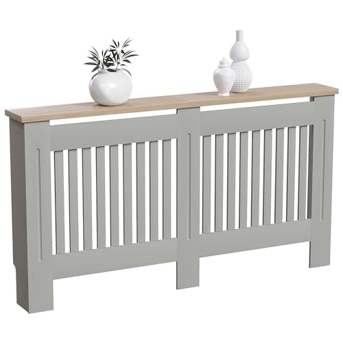 Image of Vida Designs Arlington Radiator Cover Olive Grey - Large - Modern Shaker Style Vertical Slat Design For Optimal Heat Circulation - H83.3xW152xD19cm - Painted MDF Cabinet with Wood Top Shelf