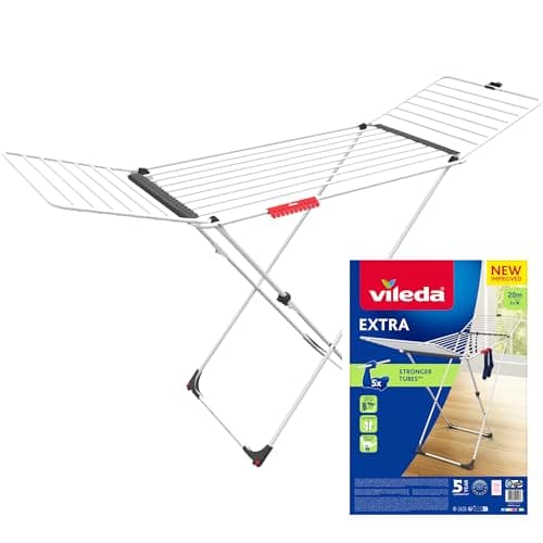 Image of Vileda Extra Clothes airer with X-Legs | 5 x stronger tubes | XL Lines for less wire marks on your laundry | 20 metres drying space | Socks holder | Sturdy & Compact