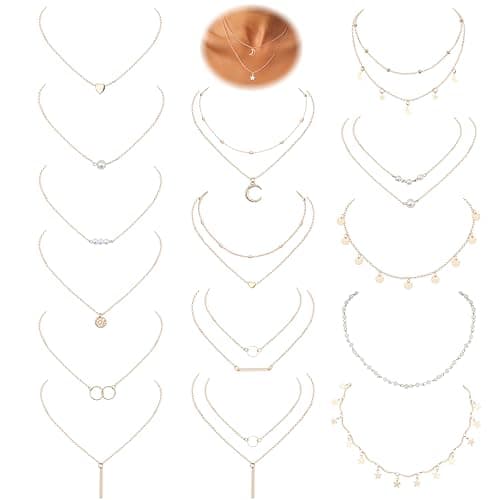 Image of MILACOLATO Necklaces for Women 16Pcs Long Pendant Danity Layered Choker Necklaces Pendant Coin Moon Boho Star Pearl Chain Choker Multi-Layer Necklace Set for Women Adjustable Gold Silver Tone