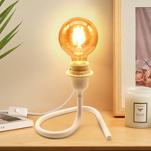 Image of Table Lamp Base, E27 Lamp Holder with 240CM Cable, Bulb Holder with Plug, Stable Triangular Iron Bracket, Industrial Retro White Metal Bedside Table Lamp for Bedroom Desk, DIY Lampshade(No Bulb)