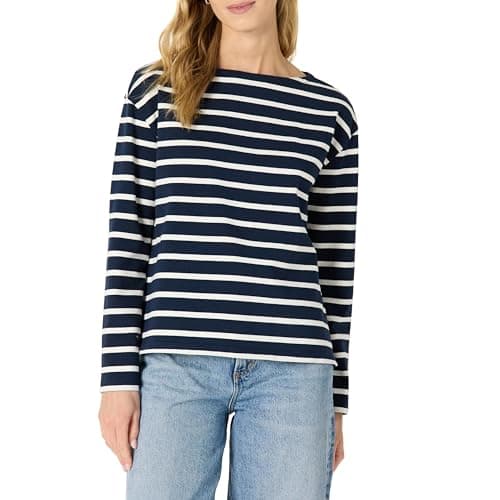 Image of Amazon Essentials Women's 100% Cotton Heavyweight Relaxed-Fit Long-Sleeve Boatneck Top, Navy Eggshell White Mariner Stripes, M