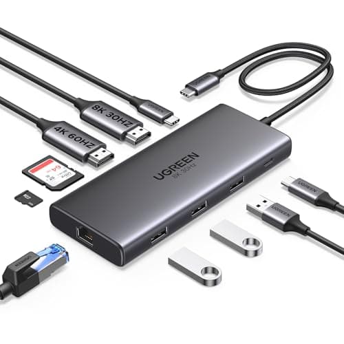 Image of UGREEN Laptop Docking Station Dual Monitor, Revodok Pro 210 USB C Hub (10-in-1), Dual 4K@60Hz HDMI, Single 8K, 100W PD, 1Gbps Ethernet, 4x 5Gbps USB-A/C Data, SD/TF, Aluminum USB-C Dock for Dell, HP