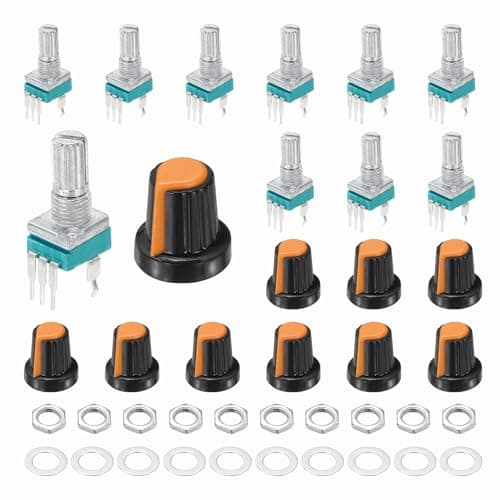 Image of sourcing map 10pcs RK097N B10K Potentiometer, 3Pin Single Linear Rotary Seal Amplifier Logarithmic Potentiometers 15mm Knurled Shaft with Orange AG2 Plastic Knob Vertical for Audio Amplifier