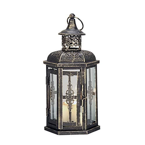 Image of JHY DESIGN Decorative Hanging Lantern 25 cm High Vintage Candlesticks, Metal Candle Holder with Glass for Indoor Garden Balcony Living Room (Black with Gold Brush)