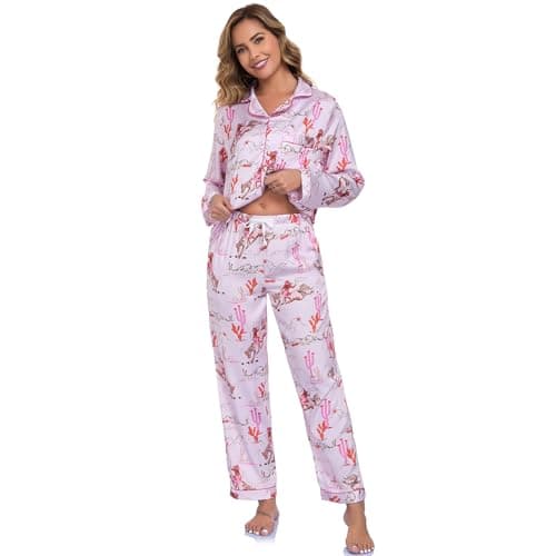 Image of RONGTAI Womens Pajama Sets Button Down Long Sleeve Lapel Shirt with Pocket Matching Pj Pants Two Piece Loungewear Set, Pink Horse, L