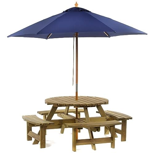 Image of BrackenStyle Picnic Pub Bench 8 Seater Round Wooden Garden Patio Table Thick Timbers With Parasol (Navy Blue)