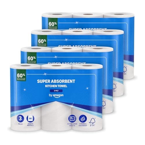 Image of by Amazon Super Absorbent Kitchen Towel, 3-ply, 12 Rolls (4 Packs of 3), 80 Sheets per Roll, FSC Certified