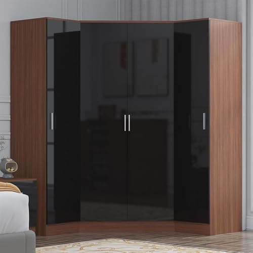 Image of Reflect 3 Piece Wardrobe Bundle | 2 Door Corner + 2x 1 Door Plain | Black Gloss & Walnut Finish | H: 180cm x W: 179cm x D: 103cm | Modern Bedroom Furniture Storage Solution