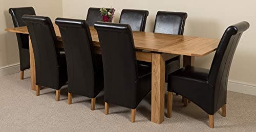 Image of OakFurnitureKing Solid Oak Extending Dining Table & Chairs Set 8 Seater Kitchen Dining Set – Richmond 200-280 cm Extendable Table & Montana Upholstered Black Leather Chairs, Wooden Furniture