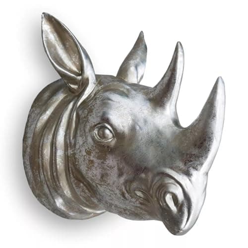 Image of Rhino Head Wall Mount Sculpture, Horned Hanging Rhinoceros Animal Head Ornament Figure Art Décor Resin with Vintage Grey Finish, Wildlife Indoor Outdoor Decorative Accessories (Grey Rhino)