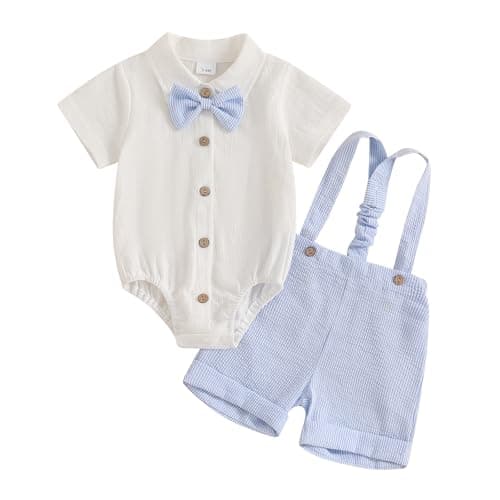 Image of Toddler Baby Boy Gentleman Outfit Solid Color Short Sleeve Lapel Neck Romper Bodysuit with Bowtie T-shirt and Stripe Suspender Shorts 3Pcs Set Clothes for Little Boy (Sky Blue, 12-18 Months)