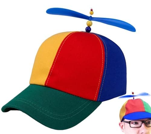 Image of Helicopter Clown Hat with Spinning Propeller - Funny, Silly, Novelty, Adjustable, Attention Grabbing Cartoon Character Fancy Dress Party Rainbow Beanie Ball Cap