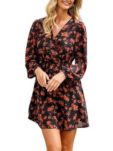 Image of CUPSHE Women's V Wrap Dress Neck Ditsy Floral Mini Dress Long Sleeve A Line Dress Surplice Short Dress Black Orange Floral M