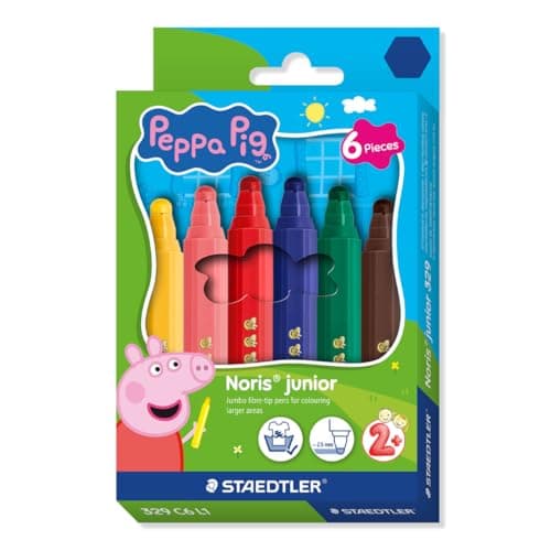 Image of STAEDTLER Peppa Pig x Noris Junior Jumbo Felt-Tip Pens for Large-Area Colouring - 6 Assorted Colours - for Kids Aged 2+ Years - Pack of 6, 329 C6 L1