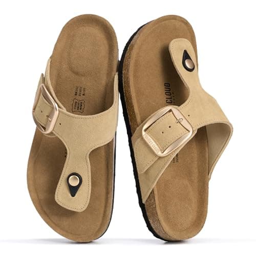 Image of Project Cloud 100% Genuine Leather Thong Sandals Women Footwear - Memory Foam Insole Womens Sandals - Non-Slip Womens Flip Flops - Lightweight Sandals for Women 2026, Camel Suede, 4.5 UK