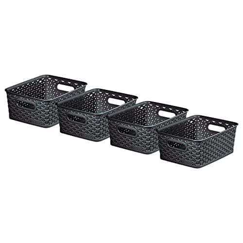 Image of Curver My Style Rattan Effect Storage Baskets Set of 4 for Kitchen Living Room Bathroom Bedroom All Purpose Small Rectangle Plastic 4L Charcoal Dark Grey