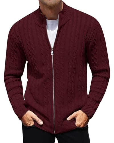 Image of AIYINO Mens Cardigan Ribbed Knit Sweater Full Zip Stand up Collar Jumpers for Men Long Sleeve Thick Pullover M Wine Red