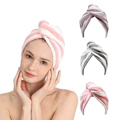 Image of Good Nite 3 Pack Microfibre Hair Towel Wrap Super Absorbent Quick Drying Hair Turban Towels with Buttons Microfibre Towels for Women Girl Long Curly Wet Hair (Pink|Purple|Gray)