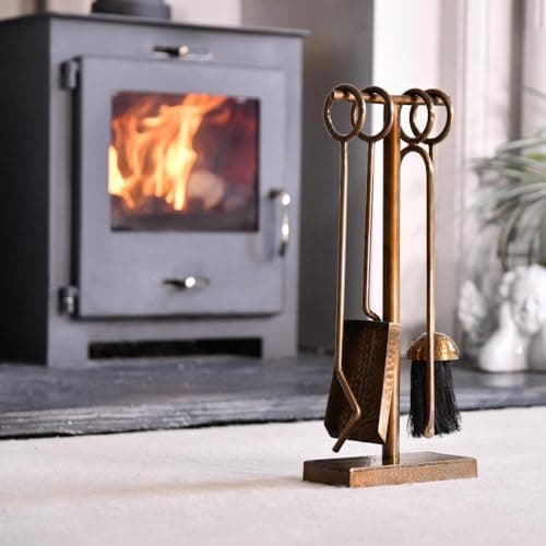 Image of "Middleton" Hammered Antique Brass Fireplace Accessories Companion Set - Fireside Tools with Poker, Tongs, Brush - Elegant and Functional Fireside Companion Set for Home Decor