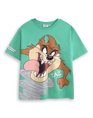 Image of LOONEY TUNES Tasmanian Devil Boys Mint Green Graphic Tee | Short Sleeve Crew Neck Top with Large Character Print & Sleeve Design Merch - 6-7 Years