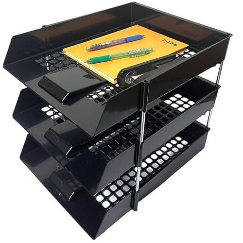 Image of A4 Black Plastic Letter Trays with Risers – 3 trays Stackable Desk Document Organiser