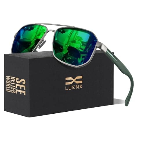 Image of LUENX Sunglasses for Men Square Polarized Polygon Lens - UV 400 Protection with Accessories Driving Fishing Large 61MM(Mirror Green Lens Green Frame)