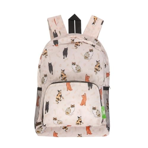 Image of ECO CHIC Lightweight Foldable Water Resistant Mini Backpack Folds Into Pouch for Storage (Beloved Cats Beige)