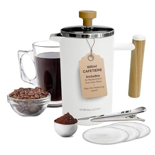 Image of andrew james Double Walled Stainless Steel Cafetiere Gift Set With Coffee Measuring Spoon And Bag Sealing Clip | Delicious French Press Coffee | Easy to Clean (Ivory, 600ml)