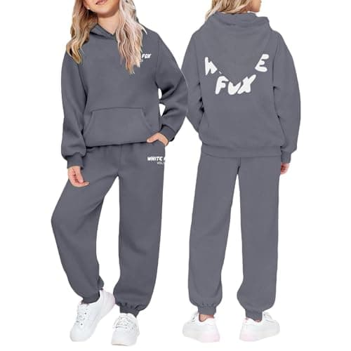 Image of NSICBMNO Girls 2 Piece Outfits Gym Sets, Tracksuit Kids Full Set Pullover Hoodie Wide Leg Joggers Lounge Set Travel Outfit, Long Sleeve Sweatshirt Baggy Sweatpants Track Suits 13-14 Years, Gray