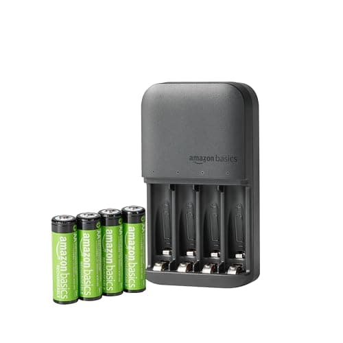 Image of Amazon Basics Rechargeable AA NiMh Batteries with 4 Bay Battery Charger, UK Plug, Black, 4 Count (Pack of 1)