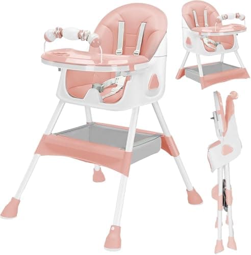 Image of UBRAVOO 3-in-1 Baby HighChair, Foldable Portable Baby Dining Chairs Eat & Play Convertible High Chair with Double-Layer Dinner Plate and Toy Rack (Light Pink)