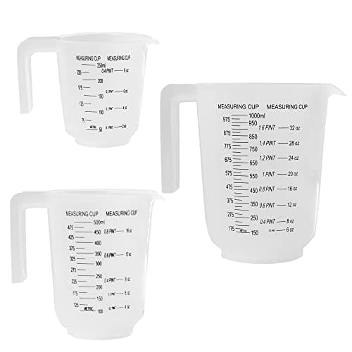 Image of Plastic Lightweight Kitchen Measuring Jug Set of 3, Sturdy Hardwearing, Stackable, Bold Measuring Scale Markings in ml, Pints and Ounces, Pouring Lip and Handle, BPA Free
