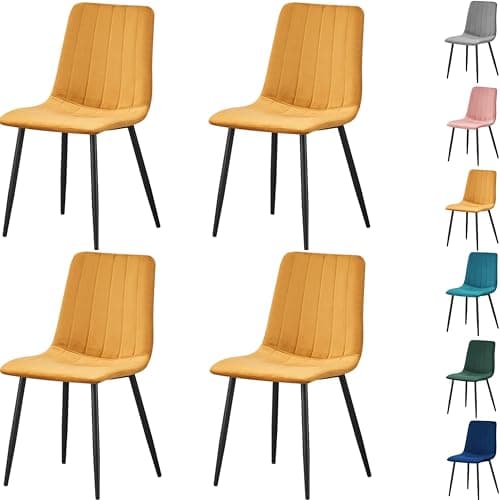 Image of MOF Home Modern Velvet Dining Chairs, Set of 4, Velvet Tufted Upholstered Kitchen Chairs with Metal Legs, Multi-Color (STRIPE PATTERN, MUSTARD YELLOW)