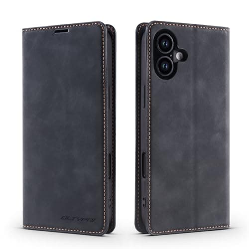 Image of QLTYPRI Case for iPhone 16 Plus 6.7 inch, Premium PU Leather Cover TPU Bumper with Card Holder Kickstand Hidden Magnetic Adsorption Flip Wallet Case Cover for iPhone 16 Plus - Black