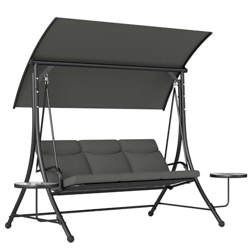 Image of Outsunny 3 Seater Garden Swing Seat Swing Chair with Adjustable Canopy, Removable Cushion and Coffee Tables for Outdoor Patio Garden Grey