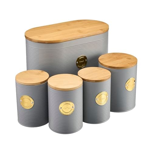 Image of Cooks Professional 5 Piece Ribbed Tea Coffee Sugar Bread & Biscuit Cannisters with Air-Tight Bamboo Lids | Stainless Steel Kitchen Storage Bin Set | Modern & Stylish | Grey & Gold