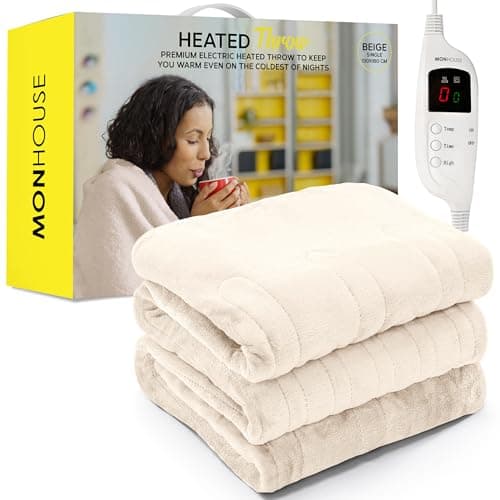 Image of MONHOUSE 130X160 cm Soft Electric Sofa Blanket - Single Heated Throw With Digital Controller - Machine Washable Bed Throw, Timer up to 9 hours, 9 Heat Settings, Auto Shutoff - BEIGE