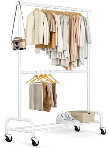 Image of MISSLO Double Clothes Rail Heavy Duty Clothes Rack on Wheels, 2 Tier Garment Clothing Rail for Bedroom, Coats, Dresses Hanging Racks, Free Standing, Metal, 197 cm Height Adjustable, White