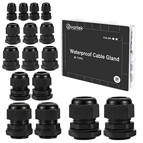 Image of 50 Pack Waterproof Cable Glands Adjustable 3-16mm Cable Connectors M12 M16 M18 M20 M22 M24 Plastic Cable Glands Connectors with Locknut and Washer - AVARTEK (Black)