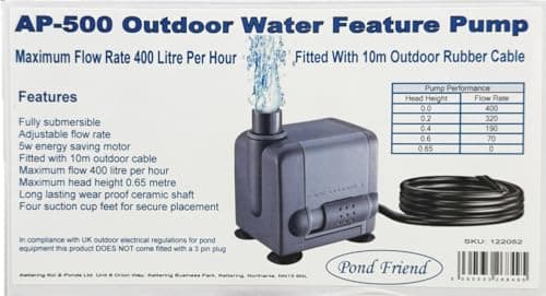 Image of Pond Friend AP-500 Outdoor Water Feature Pump 400 LPH Max Flow - 10m Rubber Cable Fully Submersible Adjustable Flow Control Max Head Height 0.65m