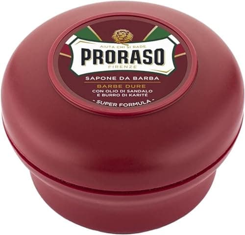 Image of Proraso Shaving Soap for Coarse Beards in a Bowl, 150ml, Nourishing and Moisturising Shaving Soap For Men with Sandalwood and Shea Butter, Made in Italy, Red