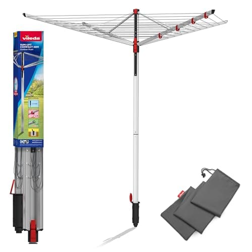 Image of Vileda Sun‑Lift Compact Rotary Airer | 40m Drying Line 4 Washloads | Height Adjustable (1.55–1.72 m) | Easy‑Lift Tension | Aluminium | Includes 8 Hanger Holders, Ground Socket & UV‑Resistant Cover