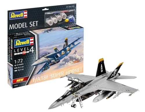 Image of Revell Model Set 63834 F/A-18F Super Hornet 1:72 Scale Unbuilt/Unpainted Plastic Model Kit with Contacta Professional Glue, Paintbrush & Selected Aqua Color Paints