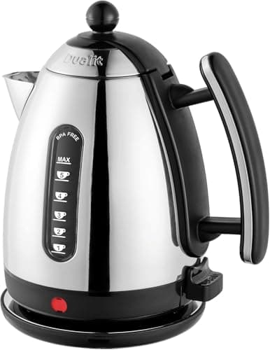 Image of Dualit Lite 1.5L Jug Kettle - Polished Stainless Steel with Black Trim, Fast Boiling, Non-Drip, Dual Measuring Windows, 3kW, 230V, Black