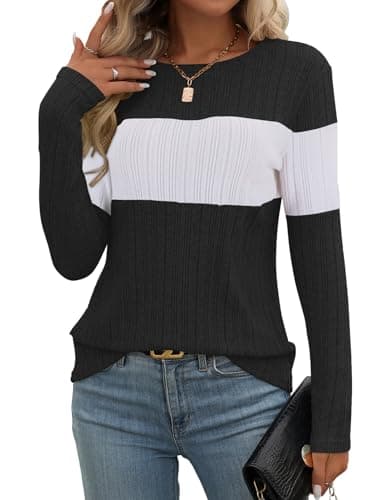 Image of Gemulate Jumpers for Women UK Classic Long Sleeve Color Block Ribbed Knit Sweater in Casual Style for Autumn Walks Black White L