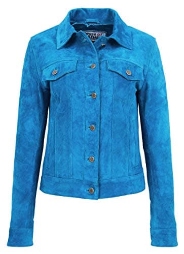 Image of House Of Leather Womens Real Suede Trucker Jacket Western Style Alma (10, Teal)