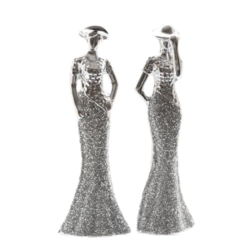 Image of Darthome Set of 2 Elegant Lady Figures Tall 30cm Silver Ceramic Bling Statue Ornaments