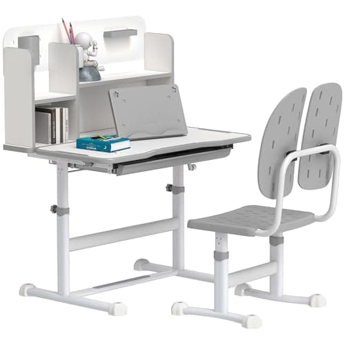 Image of AIYAPLAY Kids Desk and Chair Set, Height Adjustable Children School Study Desk, Student Writing Desk with Tiltable Desktop Drawer, Pen Slot, Reading Rack for Ages 3-13 Years, Grey